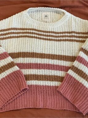 Rip Curl Cream, Brown & Dusty Pink Striped Crewneck Sweater